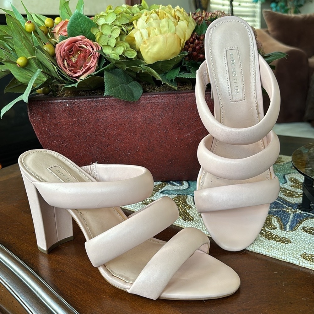 Avec Les Filles Pale Pink Mara Puffy Straps Chunky Mule Heeled Slip On Sandals